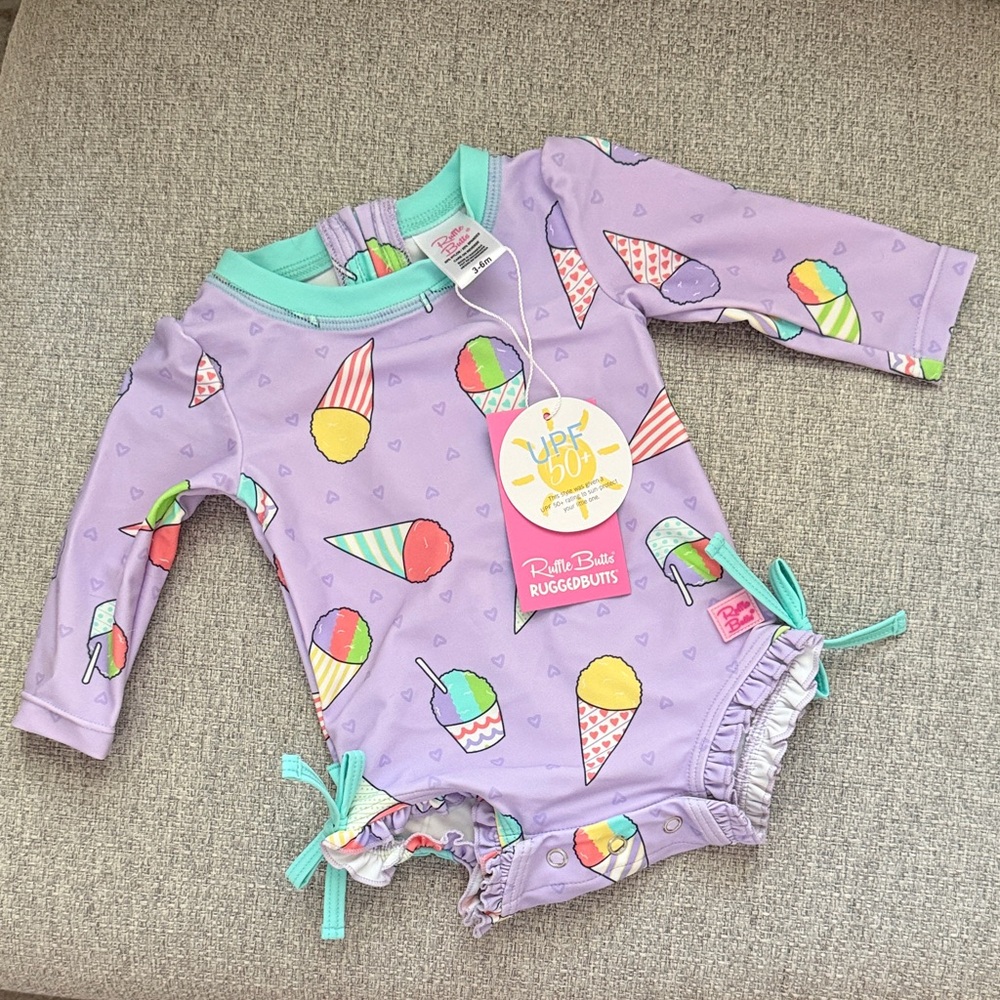 Ruffle Butts Lavender Ice Cream Print Rash Guard with Mint Trim